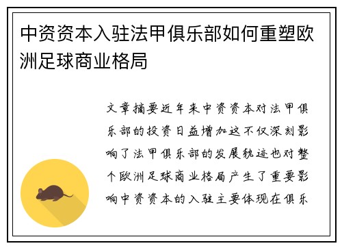 中资资本入驻法甲俱乐部如何重塑欧洲足球商业格局