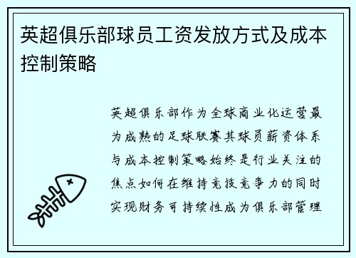 英超俱乐部球员工资发放方式及成本控制策略